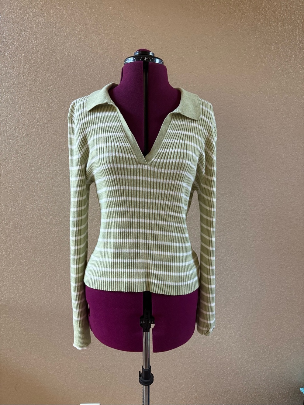 American Eagle Outfitters Green and White Striped V-Neck Polo Sweater